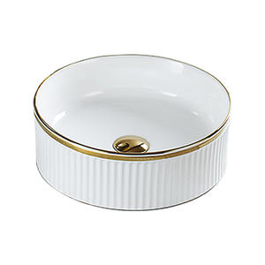 Lujoso Lavabo Moderno de Cerámica Blanca Acanalado <span class=keywords><strong>con</strong></span> Borde <span class=keywords><strong>Dorado</strong></span>, Muebles Modulares de Alta Gama Fáciles de Limpiar para Hoteles, Incluye Desagüe - Product Image 1