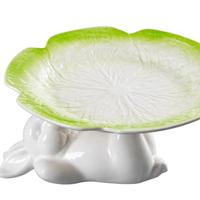 Plateau en céramique en forme de feuille de chou vert avec support lapin blanc mignon pour décoration de fête