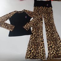 Ensemble de vêtements de détente pour femmes avec logo personnalisé, imprimé léopard, 2 pièces, manches longues avec pantalon évasé, ensemble de vêtements de détente imprimé guépard, vêtements pour femmes