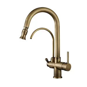 Retro Nhà bếp Vòi 3 cách kéo xuống Antique Brass vòi nước nhà bếp với lọc nước lọc