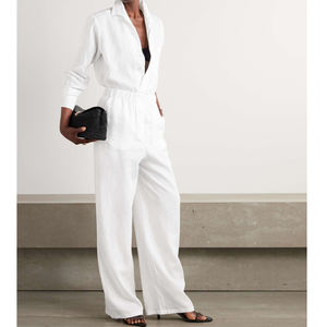 Completo Formale Personalizzato per Donna: Pantaloni a Gamba Larga e Camicia Bianca in Lino, Set Casual in Lino - Product Image 1