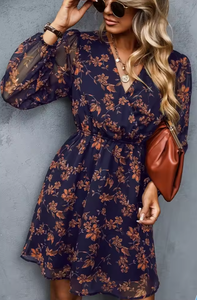 Vente chaude femmes décontracté col en v élégant en mousseline de soie imprimé Floral printemps Pivot robe manches longues été robe de plage - Product Image 5