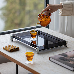 Guanlan Acrylic <b>Tea</b> <b>Tray</b> Rectangular Black With Aluminum Base Elegant For Home Use - Product Image 1