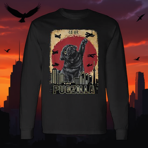 Camiseta de Manga Larga Pugzilla con Diseño de Kaiju, Unisex, Cuello Redondo, Talla Adulto, Impresión Digital, Promocional - Product Image 3