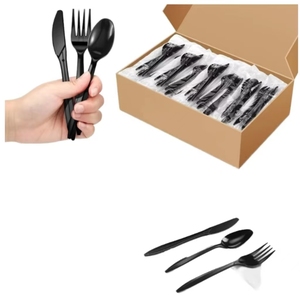 Bạc Nhựa Thiết Lập Dao Kéo Cá nhân Bọc Dùng Một Lần Màu Đen Dao Muỗng Nĩa Khăn Ăn In Logo Bộ Đồ Ăn Cho Thực Phẩm Cho Đám Cưới - Product Image 1