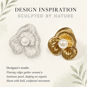 Boucles d'oreilles clous sculpturales en fausses perles pour femmes, boucles d'oreilles en acier inoxydable motif fleur organique avec placage sous vide or 14K, texture texturée - Product Image 2