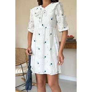 Vestido Indigo con Cuello Bordado para Bebé, Cintura Elástica, Corte en A, Tejido Informal para Uso Diario - Product Image 2