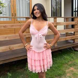 Sweet Pink Bow Detail Ruched Bust Lace Patchwork Cami Dress Layered Mini Dress Party Wear Versatile - Product Image 6