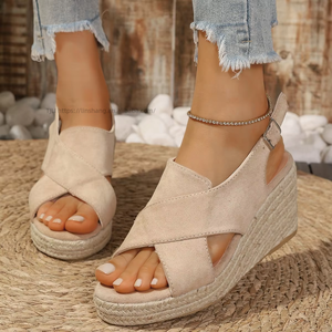 Women Summer European and American Style Hemp Rope Bottom Cross Strap Wedge <b>Sandals</b> Thick Sole Platform Hollow Roman <b>Sandals</b> - Product Image 2