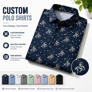Custom Western Golf Polo Shirts Men <b>Navy</b> Horse Print All Over Pattern Short Sleeve Private Label OEM ODM Manufacturer - Product Image 2