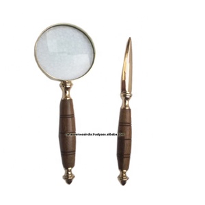 Loupe en laiton et ouvre-lettres avec poignées sculptées à la main en bois pour la maison de bureau - Product Image 1