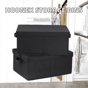 2 Pack Stackable Cardboard Storage <b>Bins</b> <b>with</b> <b>Lids</b> & Carrying Handles, 16.5*11.8*7.5 Inch Black Sturdy Home Closet Organizer Box - Product Image 5