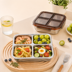 Boîte à lunch en acier inoxydable 304 à 4 compartiments, couvercle en plastique anti-fuite, forme rectangulaire, style simple - Product Image 1