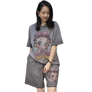 Conjunto Casual de Verano para Mujer, Camiseta de Manga Corta con Degradado de Color + Pantalones Cortos, con Pedrería Termoadhesiva, para Comercio Exterior Transfronterizo - Product Image 5