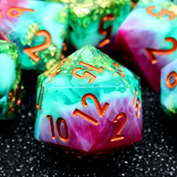 Jeu de dés polyédriques en résine à bords vifs pour D&D, design bleu poudré, police rouge cuivre, paillettes dorées, pour jeux de rôle Dungeons & Dragons - N45