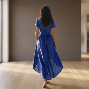 Low MOQ Handmade Organic Linen V-Neck Midi Breathable Plain Dyed A-Line Flowy Summer Beach Dress with Pockets for Women - Product Image 3