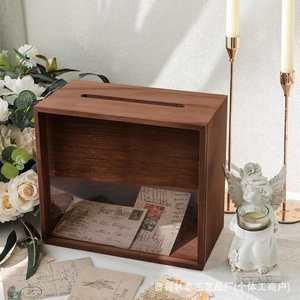 Customized Retro Wooden <b>Card</b> Storage <b>Box</b> Square Transparent Acrylic <b>Wedding</b> Souvenir <b>Box</b> Covered Design - Product Image 2