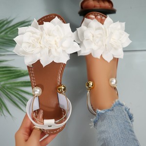 <span class=keywords><strong>Sandalias</strong></span> <span class=keywords><strong>Planas</strong></span> de Gasa con Flores 3D para <span class=keywords><strong>Mujer</strong></span>, Diseño OEM ODM, con Perlas, Bola Dorada, Correa Ajustable en el Tobillo, Antideslizantes, Punta Abierta, Estilo Boho, para Playa - Product Image 2