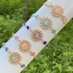 CZ Paved Dainty Gold Plated Good luck Flower Shape Blue Shell Inlay Virgin Mary Lady Virgen de Guadalupe Bracelet