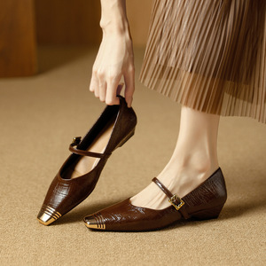 Mary Jane Shoes Square Toe <b>Block</b> Heel Genuine Leather Buckle Strap Women's Pumps Comfortable All Seasons - Product Image 2