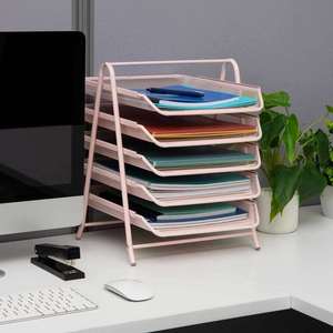 Metal Desk Organizer with 5 Sliding <b>Trays</b> for Letters and <b>Files</b> Holder 5 Tier Paper <b>Tray</b> Desktop <b>File</b> Storage Office Pink - Product Image 2