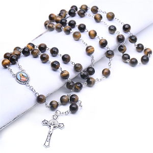 <span class=keywords><strong>Collana</strong></span> di <span class=keywords><strong>rosario</strong></span> di gioielli da <span class=keywords><strong>uomo</strong></span> con croce cattolica di gioielli religiosi con catena di perle di occhio di tigre naturale - Product Image 5