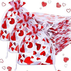 Ventes chaudes - Sac en organza 13x18cm avec cordon de serrage et motif cœur rouge pour cadeau - Sac en filet - Product Image 1