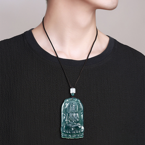 Pendentif en jade véritable naturel bleu eau Amitabha pour les signes du zodiaque chien et cochon, divinité protectrice, charme bouddhiste pour l'âme sœur - Product Image 1