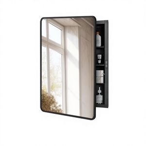 Miroir de salle de bain mural rectangulaire moderne avec cadre noir éclairé, rangement intégré et réflexion claire - Product Image 1