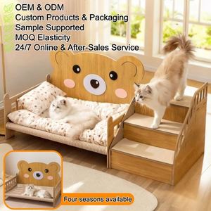 Lit de luxe surélevé pour animaux de compagnie, lit de camp extérieur surélevé avec planche en bois et escalier intégré, mobilier moderne pour animaux, griffoir en sisal - Product Image 1