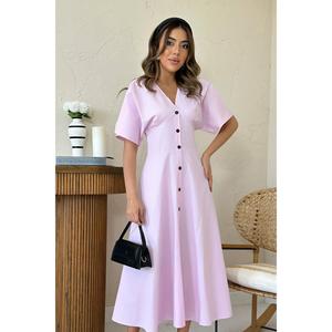 Vestido Midi de Popelina con Botones Rosa para Mujer, Estilo Gótico Dulce, para Cualquier Temporada, Talla XS, Ligero, Diseño Sólido - Product Image 3