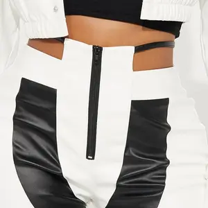 New Design Elegant Women Faux Leather Pant Set Contrast Paneled Cropped Jacket And Straight Leg Pants Biker Set