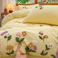Parure de lit en coton lavé 3/4 pièces, super douce, respirante, broderie florale, pour toutes les saisons, maison et hôtel