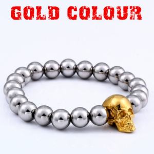 Edgy Punk Gold Skull Elastic <b>Beaded</b> <b>Bracelet</b> for <b>Men</b> Tactical 316L Stainless Steel Hypoallergenic Unisex Fashion Jewelry - Product Image 6