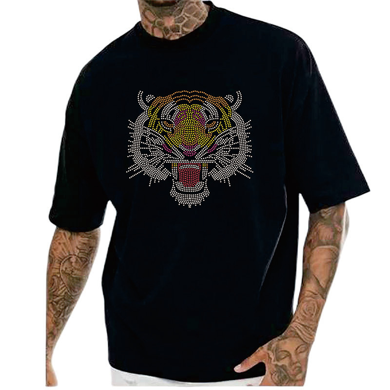 Men's 100% Cotton Digital Tshirt Mens Short Sleeve rhinestone transfer logo 260G T-Shirt
