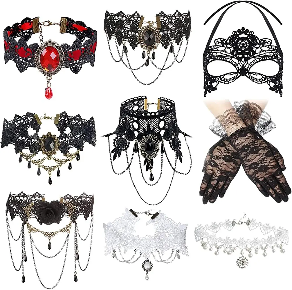 Perhiasan Renda Gotik Kalung Kerah Vintage Seksi Halloween dengan Topeng Penutup Wajah Renda Vampir Kalung Victoria
