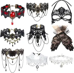 Gothic Lace Jewelry Halloween Sexy Vintage Collar Choker with Masquerade Face Covering Lace Vampire Victorian Necklace
