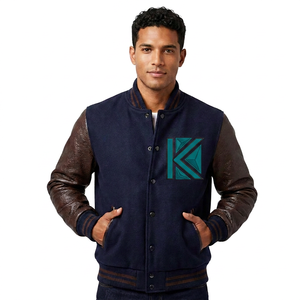 Veste universitaire en laine bleu royal pour hommes, marron foncé, peau de vache blanchie, manches en cuir, broderie, décoration, patch chenille, hiver - Product Image 5