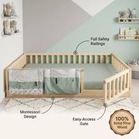 Lit de sol double avec barrières de sécurité, lattes Montessori pour enfants, porte convertible, bois naturel, lit de sol Montessori