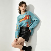 Pull en maille douce pour femme, coupe oversize, motif abstrait style peinture à l'huile (AOP), col rond vintage, épaules tombantes, manches longues, décontracté, style artistique