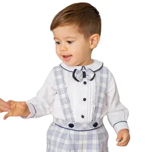 OEM atau ODM Celana Pendek Bayi Kotak-kotak Biru Muda dengan Kemeja Putih Bayi Set Pakaian Balita Laki-laki Set Pakaian Balita Laki-laki Pemasok