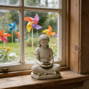 Estatua Artística de Niña Sentada para Jardín, Figura Decorativa de Resina para Niños para Césped y Patio Exterior, Escultura Lúdica de Comedero para Pájaros - Product Image 5