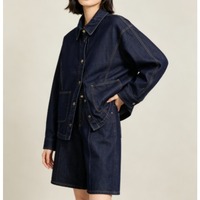 Nouvelle collection Printemps 2027 – Ensemble deux pièces en jean pour femme : veste chemise et short, col à revers, simple boutonnage, poches plaquées, indigo