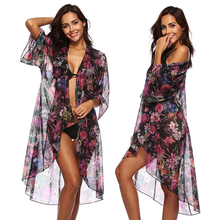 Kimono Spiaggia Commercio All'ingrosso Casual Boho Floreale Cardigan Chiffon Manica Lunga Delle Donne Delle Signore Beach Open Kimono Beach Cover Up Dress Per Costumi Da Bagno