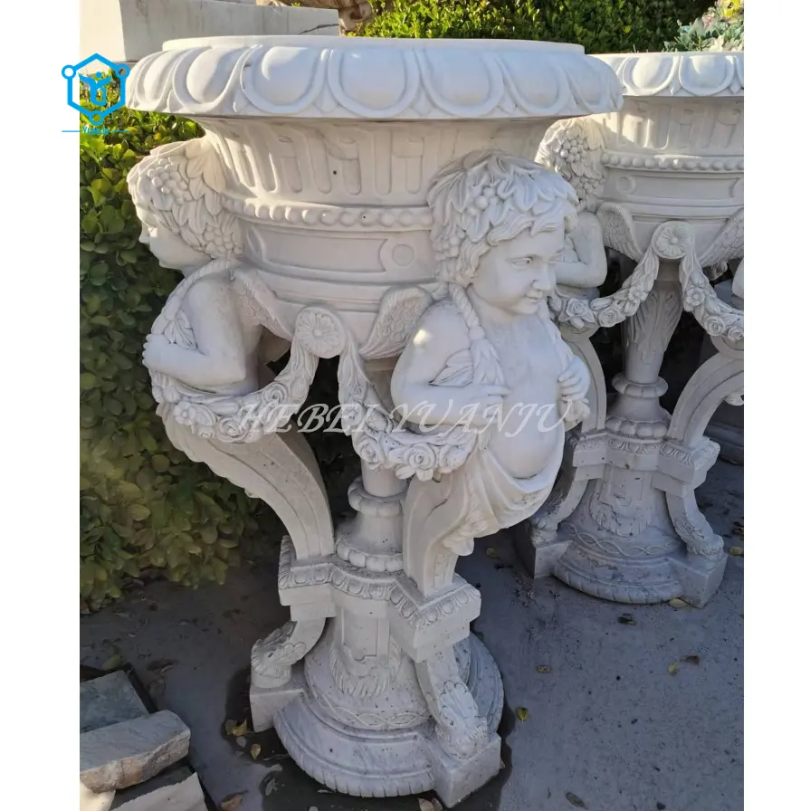 Carved Pure White Marble Outdoor Flower Planters Pots for Open Area Garden Gallery Big Size for Artificial and Natural Flowers