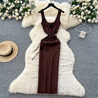 Robe longue élégante pour femmes, jaune, sans manches, tricotée, avec décor floral 3D, coupe ajustée, robe moulante décontractée pour tous les jours et les soirées