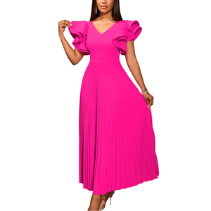 Nuevo Estilo Elegante, Vestido Maxi con Cuello en V, Mangas con Volantes, Cintura Imperio, Estilo Fiesta de Verano, Línea A, Plisado, Color Rosa, Elegante, Transpirable, Color Caramelo - Product Image 2