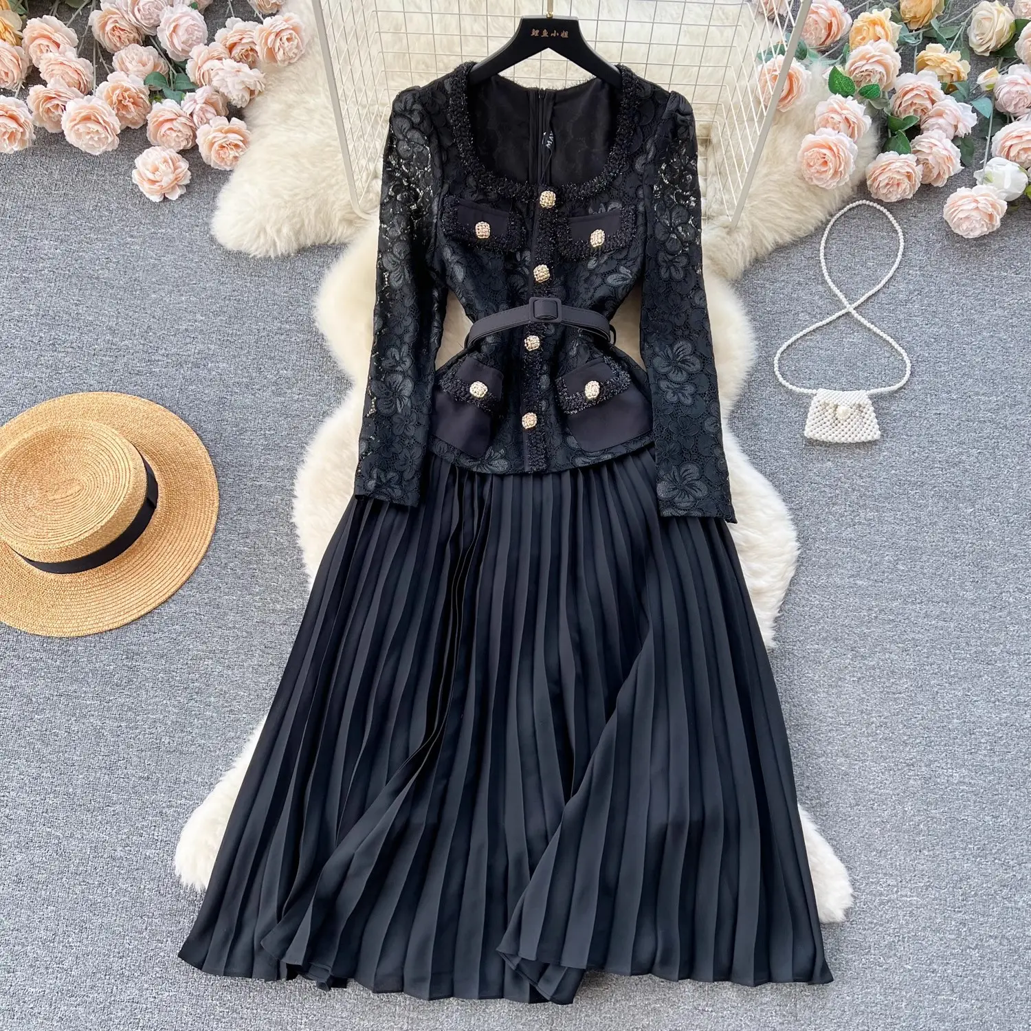 Wholesale 2024 Autumn Temperament Two Piece Long Sleeve Square Neck Lace Spliced Waist A Line Large Fold Women's Dress