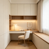Meuble de bureau et bibliothèque en chêne blanc crème sur mesure OEM avec banquette LED pour projet de villa ou résidence chaleureuse et confortable