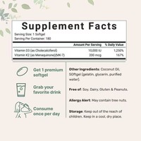 Cápsulas Blandas de Vitamina D3 y K2 de Alta Potencia Hechas con Aceite de Coco, Mejoran la Absorción de Calcio, Salud Ósea, Bienestar Inmunológico, Sin GMO, 180 Unidades